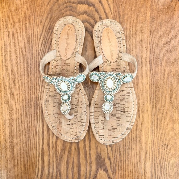 Tommy Bahama Cork, Rhinestone, Abalone Shell, Turquoise, Gold Thongs, Sandals, 8 - Picture 8 of 8